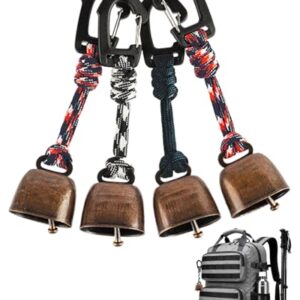 Vielseitige metallische Glocken mit schwarzem Griff und roten und braunen Klappern für Outdoor-Aktivitäten wie Wandern, Camping oder Fahrradtouren. Robust und wetterfest.
