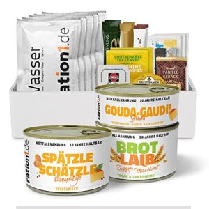 Langzeitration EPa Käsespätzle, vegetarisches Hauptgericht in einer Box mit Konserven und Trinkwasser für Langzeitsituationen, Notfallvorsorge und Langzeitnahrung