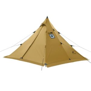 Ein gelbes Pyramidenzelt mit Herdanschluss für 2-4 Personen, ideal für alle Jahreszeiten und auch für das Camping im Winter