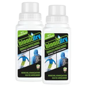 Bottles von bionicdry Einwasch-Imprägnierer Doppelpack (2 x 250 ml) Flüssigimprägnierer zur Nachimprägnierung von Outdoorkleidung & -Equipment