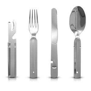 Komfortables Campingbesteck aus Edelstahl für den Außenbereich, 4-teiliges Besteckset mit Messer, Gabel und zwei Löffeln, ideal für Camping oder Festival