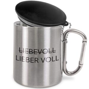 Edelstahl-Trinkbecher mit Karabinerhaken und Deckel von Prozente Momente, 330 ml, silberner Becher für Camping und Vereine