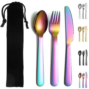 Evanda Regenbogen Campingbesteck, inklusive Messer, Gabel, Löffel, Titan Regenbogen Plattierung Edelstahl Reisebesteck mit schwarzer Tasche für Outdoor, Camping, Reisen und spülmaschinenfest