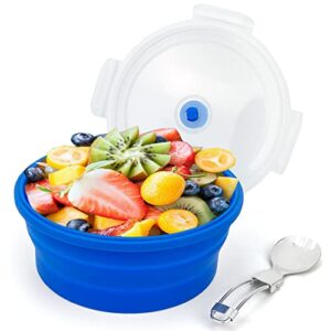 Faltbare Silikon-Lunchschüssel mit faltbarer 2-in-1-Gabel und Löffel, ideal für Camping oder unterwegs. Sicher in Mikrowelle und Gefrierschrank.