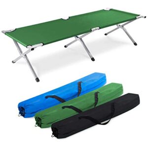 Ein faltbares und klappriges Camping-Bett und Gästebett mit grünem Bezug aus Aluminium, ideal für Zelte oder als Gästebett in der Wohnung.