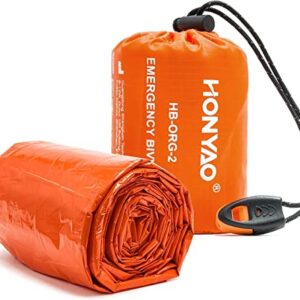 HONYAO Notfalldecke als Schlafsack, Survival Biwak-Sack mit Erste-Hilfe-Ausrüstung und Signalpfeife für Outdoor Aktivitäten wie Camping und Wandern.