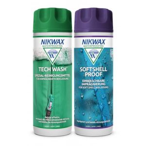 Nikwax Doppelpack Tech Wash & SoftShell Proof 2 x 300ml - Reiniger & Imprägniermittel zur Wiederherstellung der Atmungsaktivität. Geeignet für Softshelljacken, -hosen & technische Outdoor-Bekleidung.