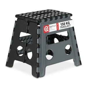 Relaxdays Klapphocker faltbar, Camping Hocker, Kinder Badhocker, bis 150 kg, Kunststoff, HBT: 30x37x29 cm, grau/schwarz