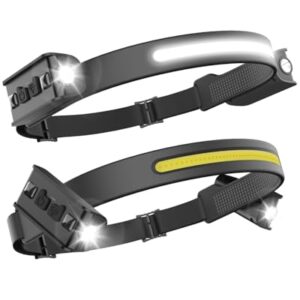 Stirnlampe mit LED-Beleuchtung und Bewegungssensor, wiederaufladbar und IPX5 wasserdicht für Outdoor-Aktivitäten wie Camping, Wandern und Angeln.