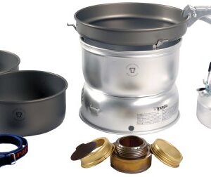 Tragia 25 Harteloxiertes Kochset mit Wasserkessel und Spiritus-Brenner für Outdoor-Kochen - 2 harteloxierte Pfannen, Bratpfanne und mehr