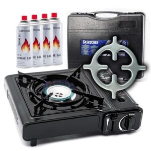Tragbarer Campingkocher mit Gaskartuschen und Kochkreuz für Outdoor-Küche, Balkon oder Notfall
