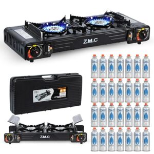 Z.M.C. Premium Camping Gaskocher 2-flammig + 28 Gaskartuschen - Campingkocher mit Transportkoffer für Outdoor und Innenraum, Balkon Kocher, Doppelgaskocher mit Piezozündung