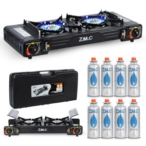 Z.M.C. Premium Camping Gaskocher mit zwei Brennern und 8 Gas-Kartuschen für Outdoor-Bereich und Innenraum, ideal für Camping, Festivals und Balkon-Tisch-Kochen