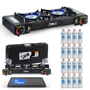 Z.M.C. Premium Camping-Gaskocher 2-flammig mit Grillplatte und 16 Gaskartuschen, ideal für Outdoor-Kochen und Innenraumgebrauch