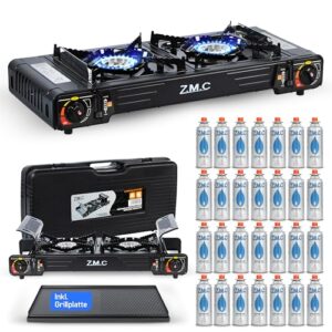 Z.M.C. Premium Campingkocher 2-flammig mit Grillplatte und 28 Gaskartuschen - ideal für Outdoor- und Innenraum, Balkon Tisch Doppelgaskocher mit Piezozündung