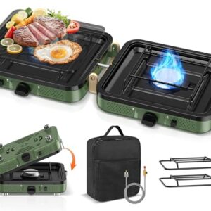 Zwei-Flamme-Camping-Kochgerät, 2-Brenner-Gaskochherd mit Zünder und Tragetasche für Outdoor-Kochen, Campingplatz, Gartenparty, Grillabend, Picknick, Festival-Camping, Vanlife (ohne Grillplatte)