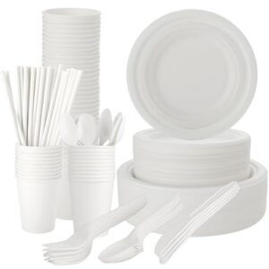 Einwegpappteller, biologisch abbaubar, umweltfreundlich, Einweggeschirr set für 50 Personen mit Gabeln, Messern und Löffeln