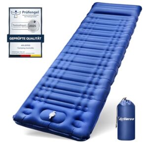 Luftmatratze für Camping und Outdoor-Aktivitäten, 12CM dicke Isomatte mit Fußpresse Pumpe und Kissen, Anti-Ripstop Tragbar Schlafmatte für Wandern, Reise, Strand-Blau
