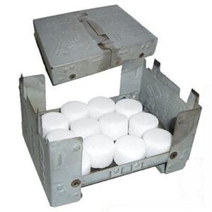 Portable Esbitkocher mit 12 Brennstofftabletten und zwei justierbaren Knöpfen für eine effiziente und sichere Gasflamme - ideal für Trekking, Camping oder Outdoor-Aktivitäten