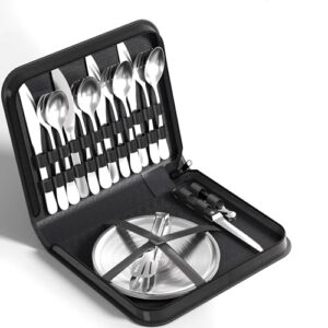 Camping-Geschirr 4 Persoen Set, Camping Besteck mit Edelstahl Gabeln, Messer und Löffel, Inklusive Bestecktasche, Tragbares Besteck für Outdoor, Picknick und Grillen