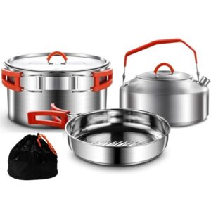 Camping Kochset, 304 Edelstahl Camping Töpfe und Pfannen Set mit Wasserkocher, Nonstick Bratpfanne und Mesh Tasche für Wandern und Outdoor Kochen