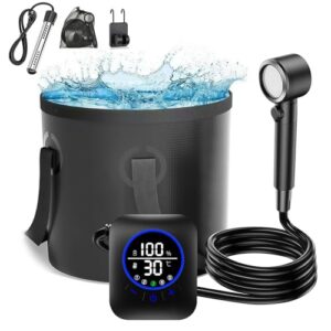 Campingdusche Set mit Heizfunktion, IPX8 Outdoor Dusche 8000mAh Akku-Wasserpumpe mit Smart Display und faltbarem Wasserbehälter für Camping & Wohnmobil