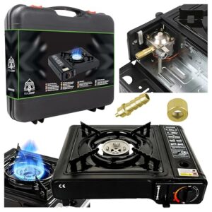 Tragbarer Campingkocher mit Piezozündung und hoher Leistung für Kartusche oder Gasflasche - ideal für Outdoor-Aktivitäten wie Camping, Angeln oder Trekking