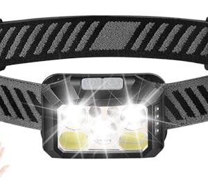 Vielseitige Kopflampe mit 10 Lichtmodi, dimmbar und wiederaufladbar. Robuste und wasserdichte Leuchte für Outdoor-Aktivitäten wie Joggen, Campen und mehr.