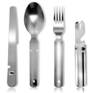 Klassisches Bundeswehr Edelstahl Besteck 4-teilig, multifunktionales Campingbesteck mit Gabel, Messer, Löffel und Flaschenöffner für Outdoor-Aktivitäten wie Camping, Picknicks und Reisen.