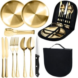Camping-Geschirr-Set aus Edelstahl für 2 Personen, inklusive Wiederverwendbar Bestecktasche und verschiedenen Messern, Gabeln und Löffeln