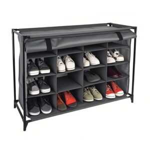 Camping Schuhregal mit 16 Fächern und Vorhang, perfekt für den Outdoor-Ausflug, grauer Stoffschuhschrank