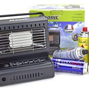 RSonic Gasheizung + 12 Gaskartuschen MSF-1a 227g, keramischer Gasstrahler für Zelt, Wohnwagen und Outdoor-Ausrüstung, ideale Wärmequelle für Campingabenteuer