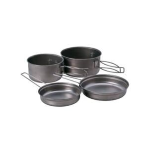 Kompakter und leichter Kochset für Camping und Rucksackreisen, hergestellt in Japan, Silber, 15 x 7,5 cm, mit zwei stapelbaren Töpfen und Bratpfannen