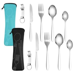 Vicloon Edelstahl Besteck, 10 Stück Campingsporks mit Bestecktasche, Reisebesteck für Reisen, Camping und Picknick