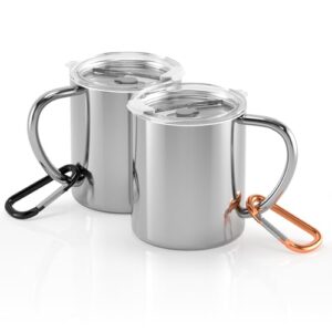 Yoassi Edelstahl Camping Becher, 2er Set 300ml Thermotasse mit Deckel und Karabiner, doppelwandige Isolierbecher für Outdoor und Camping, BPA frei