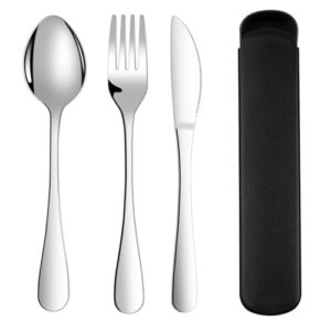 Camping-Besteck mit Etui, 3 Stück Edelstahl Reisebesteck Set mit Löffel, Messer und Gabel, Campingbesteck für Unterwegs, Reise, Arbeit, Schule, Spülmaschinenfest