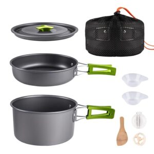 Camping-Kochgeschirr-Set, Aluminium, Campingtopf, Campingpfanne, Löffel, Reinigungsschwamm, Besteck, Plastikschalen, tragbarer Nylon-Beutel für Outdoor-Camping-Wandern-Picknick
