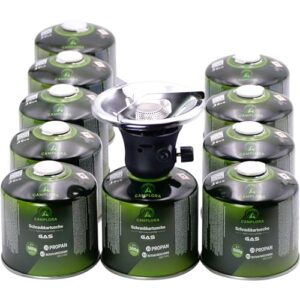 CAMPLORA Gaskocher mit 10 Gaskartuschen und Piezozündung für Schraubkartusche, ideal für Camping oder Backpacking, klein, Mini Kocher