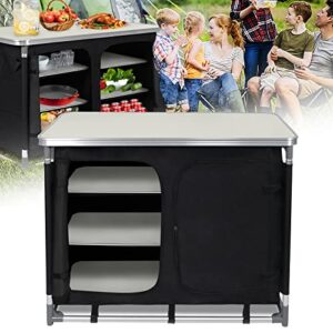 Faltbarer Campingschrank mit Alurahmen, Staufächer und Tischplatte für Outdoor-Aktivitäten wie Camping, Picknick und Party