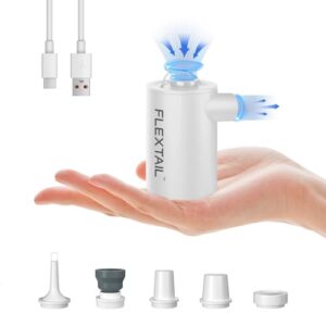 Tragbare elektrische Luftpumpe für Camping und Freizeit, mit ultraleichtem Design und 1600-mAh-Akku für effiziente Luftmatratzen- und Schwimmhilfen-Aufblasung.