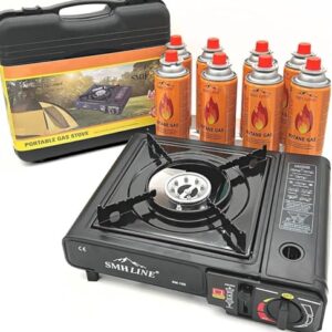 Gaskocher Campingkocher set mit 8 Butan Gas Kartuschen für den Outdoor- und Campinggebrauch, inklusive Tragekoffer und Piezozündung.