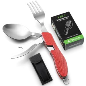 Hikenture Campingbesteck 4-in-1 Messer Gabel Löffel Flaschenöffner Set aus Edelstahl mit Gürteltasche - Klappbesteck für Camping und Outdoor