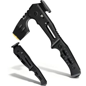 Multifunktionale Klapphatchet Axt mit Verriegelung für Camping, Survival und Bushcraft. Blacke Holzhacke mit Hammer und Flaschenöffner.