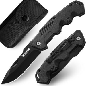 IKORES Klappmesser (Zweihandmesser) mit Aluminiumgriff und Nylonscheide, EDC-Messer für Camping, Wandern und Jagd