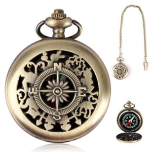 Eleganter Vintage-Kompass mit Metallketten, Messing-Gravur und Muster, ideal für Outdoor-Aktivitäten wie Wandern, Camping oder Jagen.
