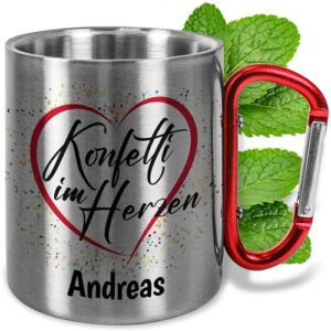 Einzigartiger Edelstahl-Becher für Fasching und Narrenumzüge mit Karabinergriff und personalisierter Druckerei 'Konfetti im Herzen'