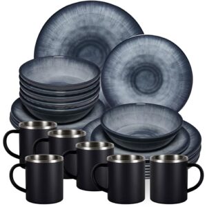 Melamin Geschirr Set Jesolo Grau für 6 Personen - 24 Teile mit Edelstahltassen Schwarz Spülmaschinengeeignet Campinggeschirr Wohnwagen Camping Festival