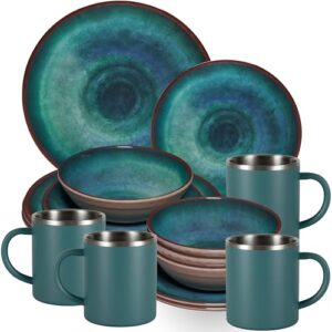 Melamin-Geschirr-Set Jesolo Grün für 4 Personen - 16 Teile mit Edelstahltassen und Spülmaschinengeeignet Campinggeschirr
