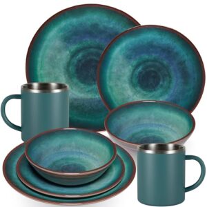 Melamin Geschirr Set für 2 Personen, grün, 8 Teile, Edelstahl-Tassen, Spülmaschinengeeignet, Camping-Geschirr, Wohnwagen, Camping-Festival