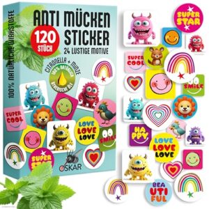 Anti-Mücke Sticker für Kinder - OSKAR - 120 Stück lustige und soft Stickers zum Schutz vor Mücken bei Reise, Urlaub, Camping oder Sport - naturlicher Mückenschutz mit Citronella und Minze